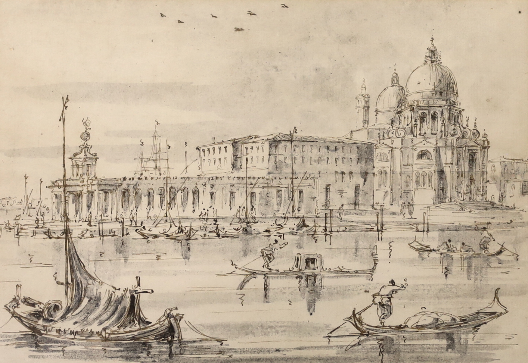 Italian School, pair of monochrome and sepia ink and washes, Venetian canals with gondolas, 18 x 25cm